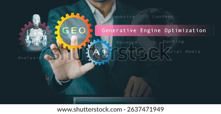 Keywords: GEO generative engine optimization, Businessmen use agentic Ai, icons on websites to rank search engines with assistants Artificial Intelligence data technology from the internet network