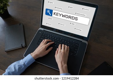 Keywords. SEO, Search engine optimization and internet marketing concept on screen.