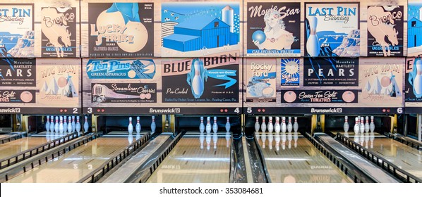 KFAR SABA, ISRAEL - DEC. 12, 2015: A retro style bowling alley near Tel Aviv, Israel featuring old-time bowling ads.