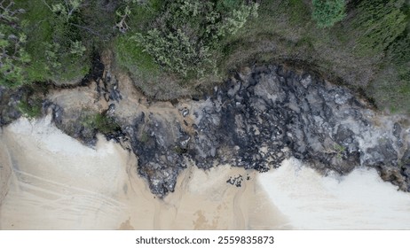 K'gari (Fraser Island) 75 mile beach, rock formation, dune and white sand aerial view from drone shot - Powered by Shutterstock