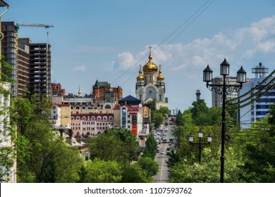 Khabarovsk City, Russian Federation - 21 Of May 2018. City View And Spaso-Transfiguration Cathedral.  