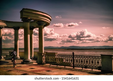         Khabarovsk City, Russian Federation. Amur River Embankment  And Cloudy Landscape.                       