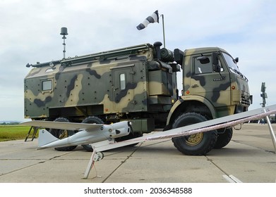 Khabarovsk, Russia - August 28, 2021: Unmanned Aerial Vehicle (UAV) Orlan-10 And Its Control Center. Exhibitor Of The Aircluster Of The Military-technical Forum 