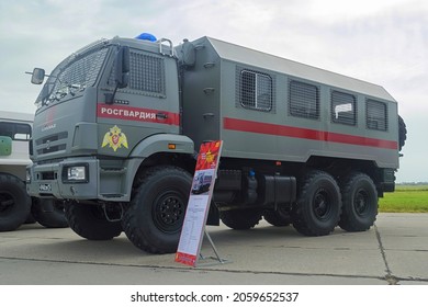 Khabarovsk, Russia - August 28, 2021: KamAZ-5350 ATNP, Russian Large-tonnage Truck For Transportation Of  
Military Divisions. During Political Actions It Is Used As A Paddy Wagon. Forum 