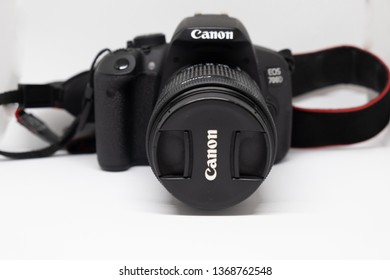 Khabarovsk, Russia - Feb 26, 2019: front view of a Canon EOS 700D slr camera isolated on white.