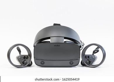 Khabarovsk, Russia - January 24, 2020: Oculus Rift S virtual reality headset with touch controllers released on 2019, second device in the lineup. Device for virual reality games or entertainment.