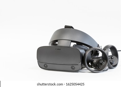 Khabarovsk, Russia - January 24, 2020: Oculus Rift S virtual reality headset with touch controllers released on 2019, second device in the lineup. Device for virual reality games or entertainment.