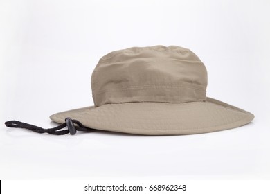 Khaki Adventure Hat On A White Surface. Safari Hat Isolated On White Background.