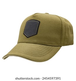 Khaki baseball cap with black patch for your logo. Mockup. A blank for the work of a designer. Isolate on a white background. Accessory for athletes, baseball players, bikers, rockers.