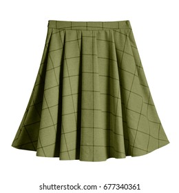 Khaki Checkered Pleated Cotton Midi Skirt Isolated