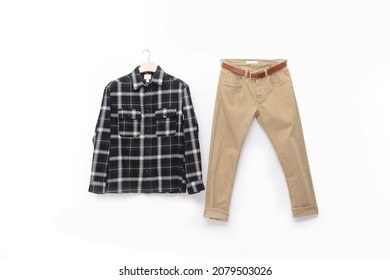 Khaki Pants With Checkered Shirt On Hanging 