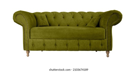 Khaki Sofa On Wooden Legs Isolated. Khaki Couch Isolated. Upholstered Furniture For The Living Room