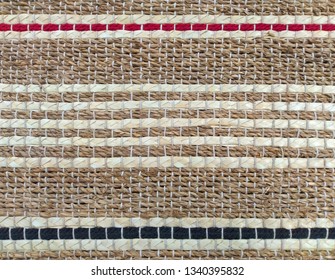 Khaki Weave Burlap Texture Background With Red; Blue Cotton Rope Decoration