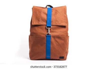 A Khaki(green) And Red Back Pack(bag) For Student On The Bottom Isolated White.