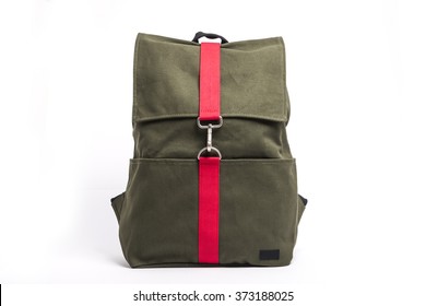 A Khaki(green) And Red Back Pack(bag) For Student On The Bottom Isolated White.