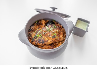 Khaleeji Hammour Rice Or Fish Biryani Served In A Dish Isolated On Grey Background Top View