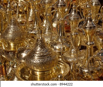 Khan-el-Khalili Brass Lanterns. Full frame brass metal decorative shisha hookah in the market in Egypt. 