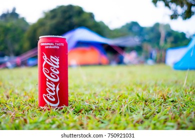 Khao Yai, Thailand : October 14, 2017 : Coca Cola ( Coke ) Can On The Grass Camping Field.