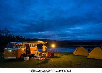 KHAO-ITO, THAILAND - December 04 2017: Family Travel Camping Near Swamp In Sky Night With Classic Van, Asian Travel Picnic Near Swamp In Holiday Trip.