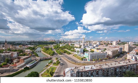 Kharkiv city from above timelapse with river. Aerial view of the city center and residential districts. Ukraine.