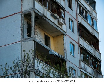 Kharkiv, Kharkov, Ukraine - 05.07.2022: Aftermath shooting shell civilian building destroyed house russian explosion broken glass windows balconies damage apartments war destruction bombing result