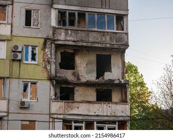 Kharkiv, Kharkov, Ukraine - 05.07.2022: burnt destroyed balconies windows broken building military aftermath war consequences of missile attack bombardment bomb shelling in apartment civil house