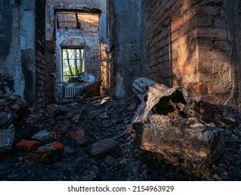 Kharkiv region, Kharkov, Skovorodinovka, Skovorodinivka, Ukraine - 05.07.2022: doorway broken door burning smoldering room in Literary Memorial Museum of Skovoroda black ash after missile strike war