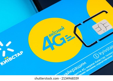 Kharkiv, Ukraine - 17 december 2021: Kyivstar gsm mobile 4g service provider. Illustrative editorial. prepaid sim card product.