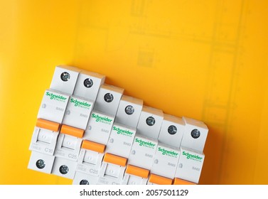 KHARKIV, UKRAINE - 2 September, 2020: Schneider Electric Circuit Breakers. Schneider Electric - Is A World Famous Company Is A Leading Developer And Supplier Of Integrated Energy Efficient Solutions.