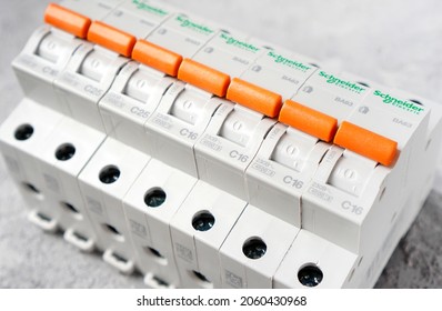 KHARKIV, UKRAINE - 2 September, 2020: Schneider Electric Circuit Breakers. Schneider Electric - Is A World Famous Company Is A Leading Developer And Supplier Of Integrated Energy Efficient Solutions.