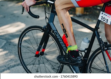 Kharkiv, Ukraine - August 11, 2019: Triathlon. Triathlon Biking Man Cycling On Road Bike At Top Speed On The Triathlon Race.