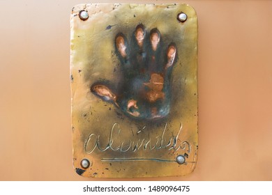 Kharkiv, Ukraine, August, 2019 Alain Delon Hand Print And Autograph Table On A Film Glory Lane. French Celebrity Movie Star Memorabilia