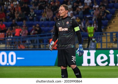 KHARKIV, UKRAINE - AUGUST 24, 2021:  Goalkeeper Andriy Pyatov (30). The UEFA Champions League, Match Shakhtar Vs Monaco