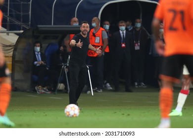 KHARKIV, UKRAINE - AUGUST 25, 2021: UEFA Champions League. FC Shakhtar Donetsk - AS Monaco FC. Head Coach Roberto De Zerbi