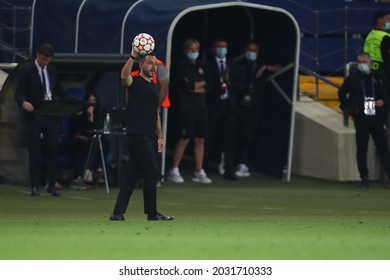 KHARKIV, UKRAINE - AUGUST 25, 2021: UEFA Champions League. FC Shakhtar Donetsk - AS Monaco FC. Head Coach Roberto De Zerbi