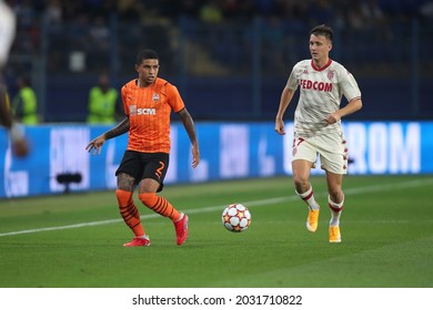 KHARKIV, UKRAINE - AUGUST 25, 2021: UEFA Champions League. FC Shakhtar Donetsk - AS Monaco FC. Dodo And Aleksandr Golovin