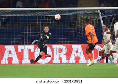 KHARKIV, UKRAINE - AUGUST 25, 2021: UEFA Champions League. FC Shakhtar Donetsk - AS Monaco FC. Andriy Pyatov