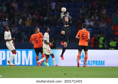 KHARKIV, UKRAINE - AUGUST 25, 2021: UEFA Champions League. FC Shakhtar Donetsk - AS Monaco FC. Andriy Pyatov