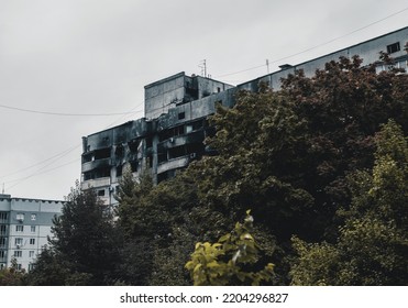 Kharkiv, Ukraine (autumn 2022): Destroyed And Burned Building Hit By A Russian Missile. The Result Of The Russian Forces' Attacks. Saltovka Area.