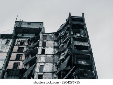 Kharkiv, Ukraine (autumn 2022): destroyed and burned building hit by a Russian missile. The result of the Russian forces' attacks. Saltovka area.