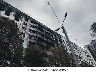 Kharkiv, Ukraine (autumn 2022): Destroyed And Burned Building Hit By A Russian Missile. The Result Of The Russian Forces' Attacks. Saltovka Area.