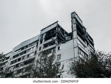 Kharkiv, Ukraine (autumn 2022): Destroyed And Burned Building Hit By A Russian Missile. The Result Of The Russian Forces' Attacks. Saltovka Area.