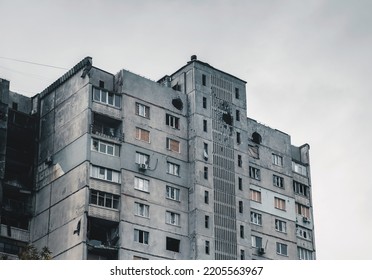 Kharkiv, Ukraine (autumn 2022): Destroyed And Burned Building Hit By A Russian Missile. The Result Of The Russian Forces' Attacks. Saltovka Area.