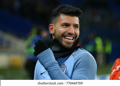 KHARKIV, UKRAINE - DECEMBER 6, 2017: Sergio 'Kun' Aguero Close-up Portrait Smiles Before The Game. UEFA Champions League. Shakhtar Donetsk - Manchester City