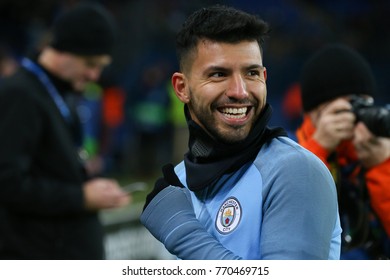 KHARKIV, UKRAINE - DECEMBER 6, 2017: Sergio 'Kun' Aguero Close-up Portrait Smiles Before The Game. UEFA Champions League. Shakhtar Donetsk - Manchester City