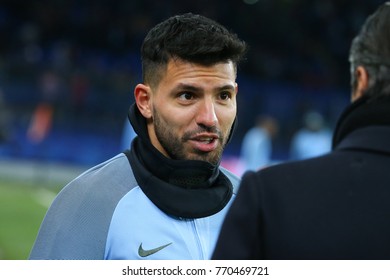 KHARKIV, UKRAINE - DECEMBER 6, 2017: Sergio 'Kun' Aguero Close-up Portrait Before The Game. UEFA Champions League. Shakhtar Donetsk - Manchester City