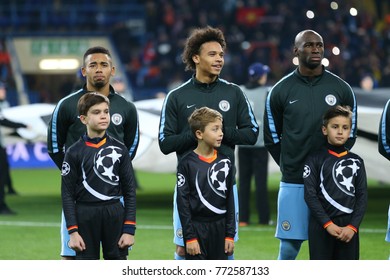 KHARKIV, UKRAINE - DECEMBER 6, 2017: Gabriel Jesus, Leroy Sane, Eliaquim Mangala Before The Game. UEFA Champions League. Shakhtar Donetsk - Manchester City