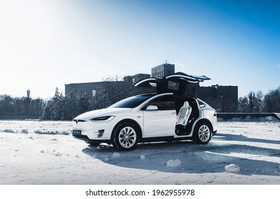 Kharkiv, Ukraine - January 2018: Tesla Model X With Doors Open