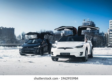 Kharkiv, Ukraine - January 2018: Two Tesla Model X With Doors Open