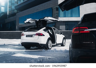 Kharkiv, Ukraine - January 2018: Two Tesla Model X With Doors Open